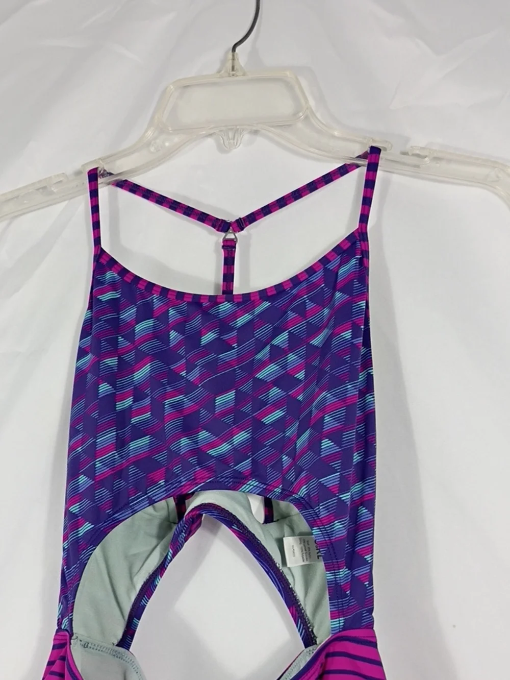EUC Athleta Girl Purple/ Pink Patterned T-Back Cut Out One-Piece Swim Sz XL 14